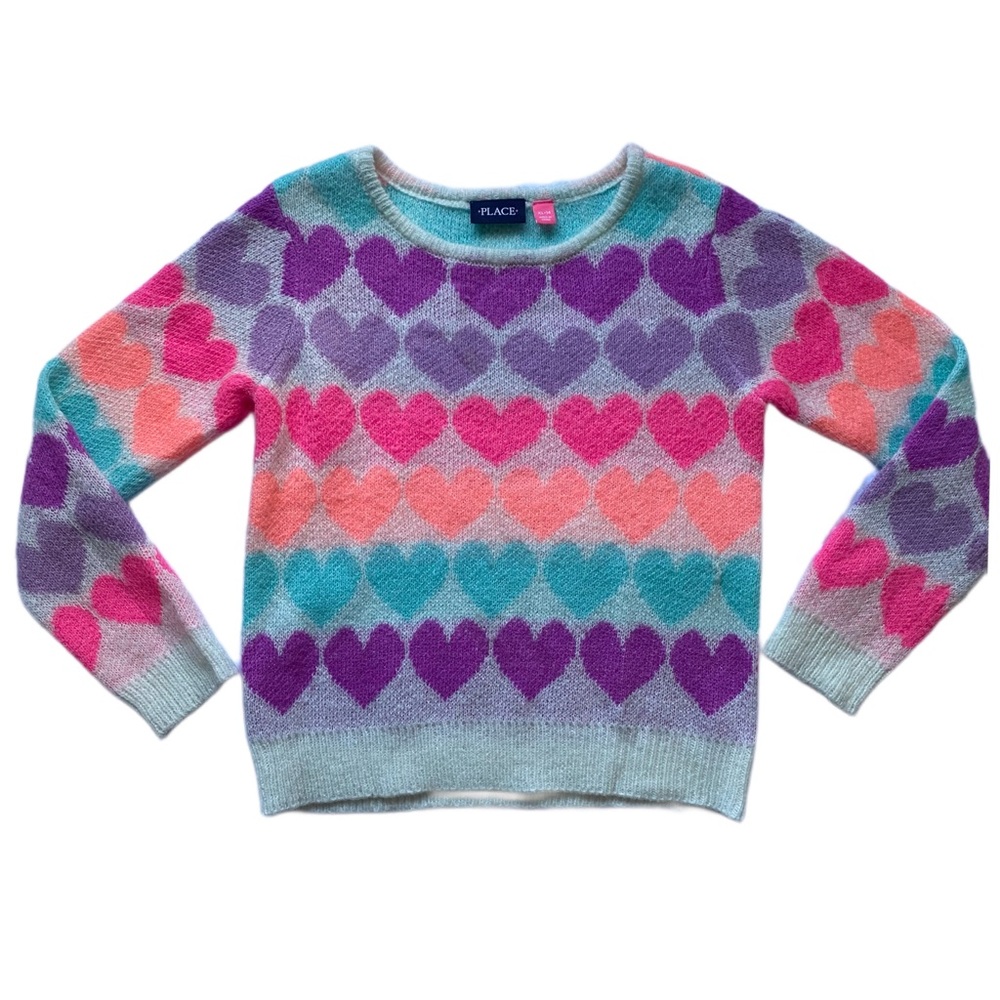 Girl’s Knitted Rainbow Hearts Winter Sweater